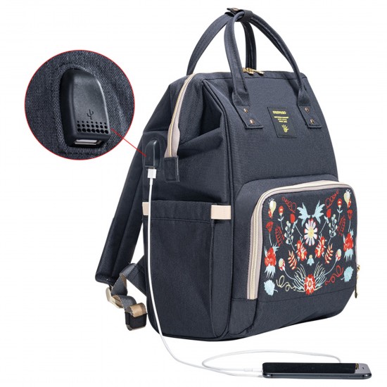 Sunveno Diaper Bag with USB - Black Embroidery